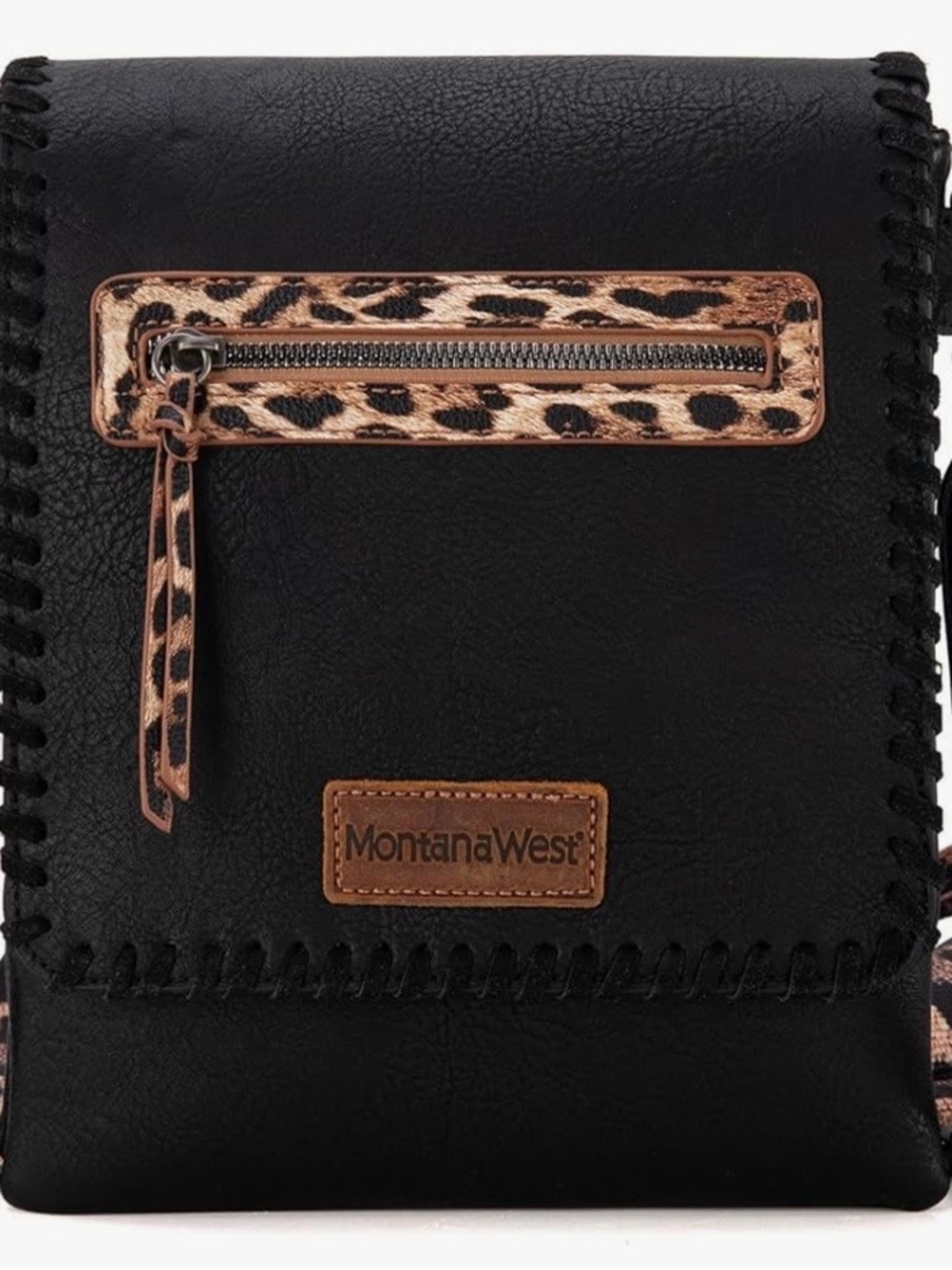 Montana West Black Vegan Leather Crossbody Bag with Leopard Trim